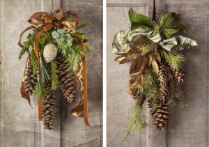 Wonderful giant cones and faux evergreens with botanical accents for the holidays delivered