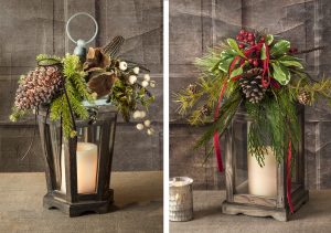Wooden frame and glass pane lantern decorated for the holidays delivered