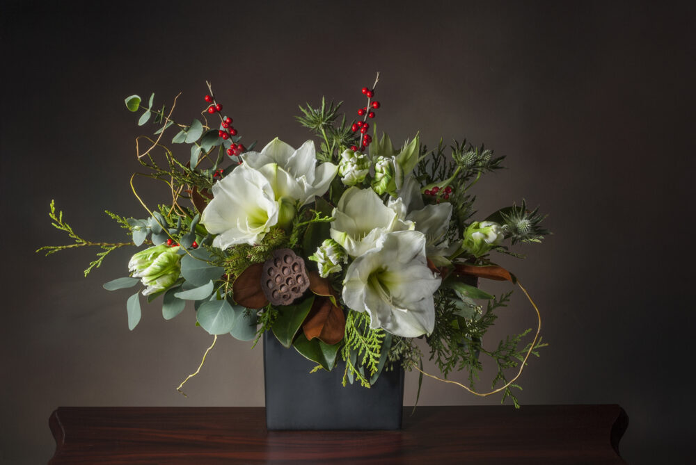 Beautiful white amaryllis flower arrangement with accents of red berries and evergreens delivered