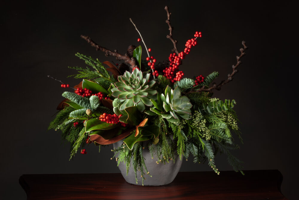 LINDEN<br> <span>Fresh Design in Evergreens, Magnolia, Succulents, and Red Winterberries in a Round Pot</span>
