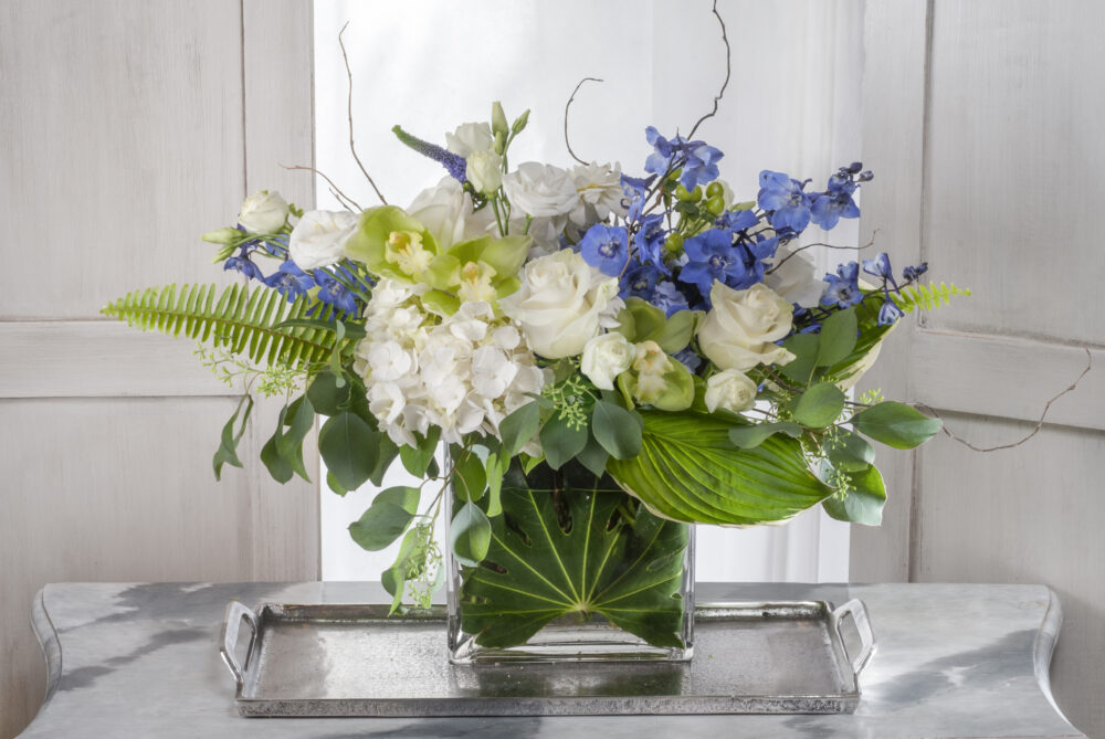 A lush gift, fresh flower bouquet of bright white and blue, with green foliage in a leaf-wrapped rectangle, delivered for you.