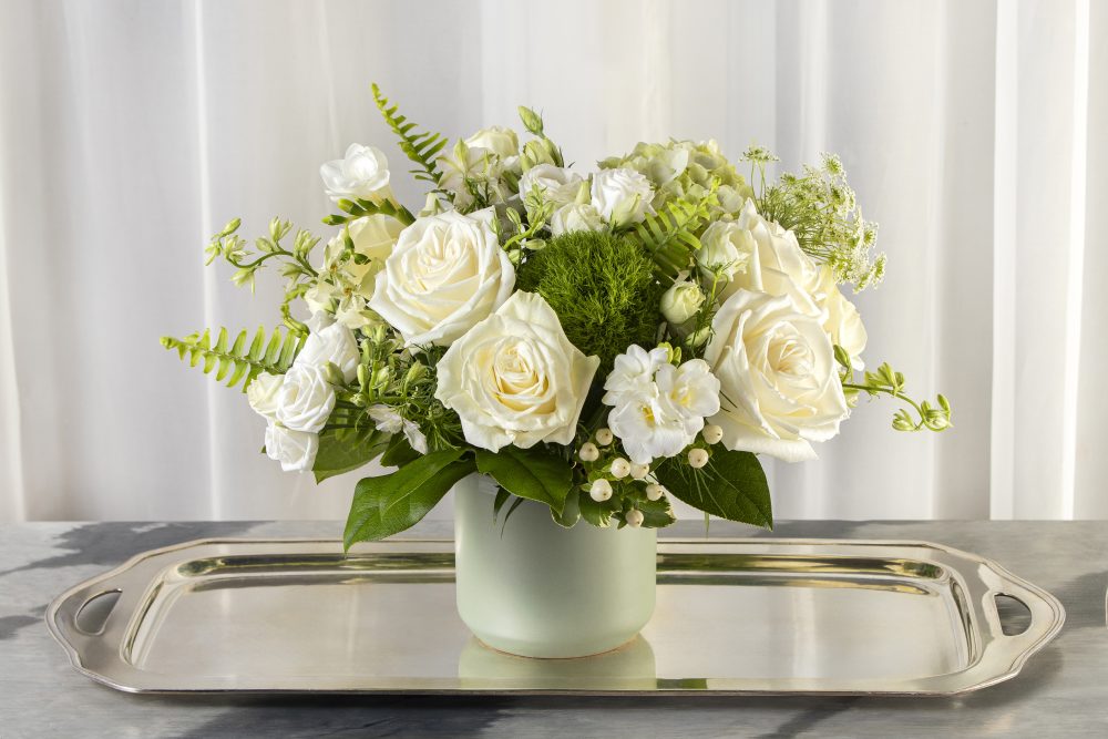 A lovely gift of fresh flowers in bright white and rich green blossoms and foliage in smooth sage pot, delivered for you.