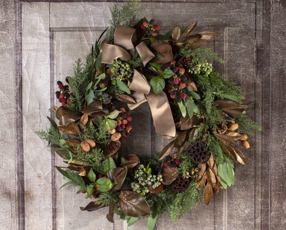 A beautiful, seasonal, evergreen, holiday, Christmas wreath, delivered