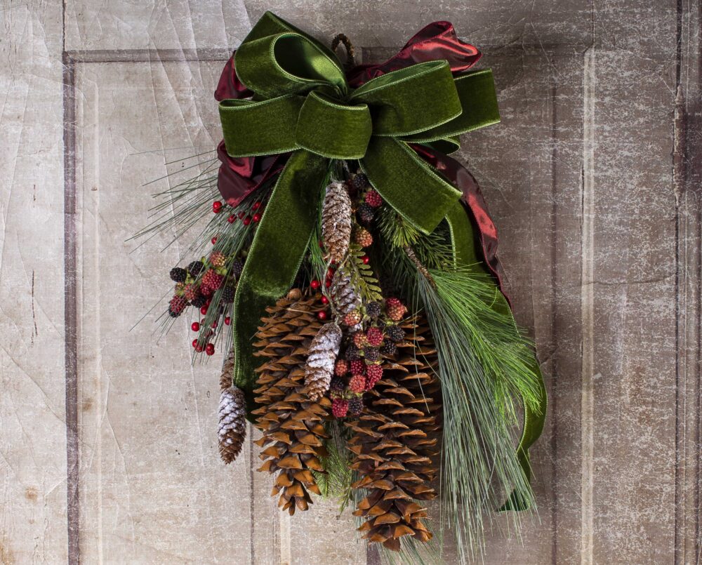 A charming, beautiful, sugar cone swag, with velvet ribbon, holiday, delivered, christmas