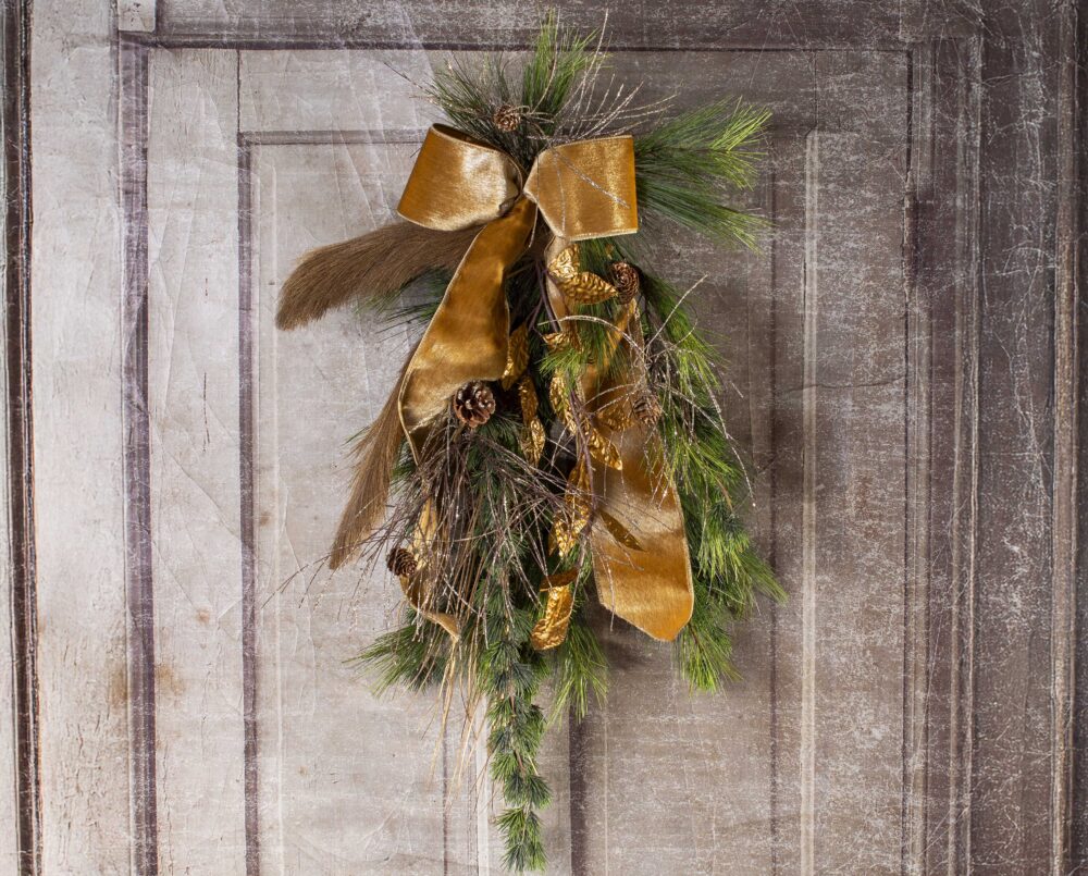 A beautiful, hand-sculpted, artisan vase with seasonal evergreen and red ilex berries, delivered, holiday, Christmas