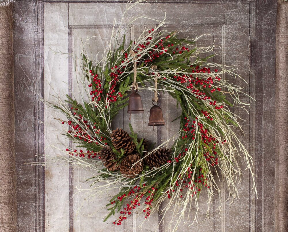 A beautiful, unique, white twig, red berry, bell wreath, velvet, ribbon, delivered, holiday and christmas gifting.