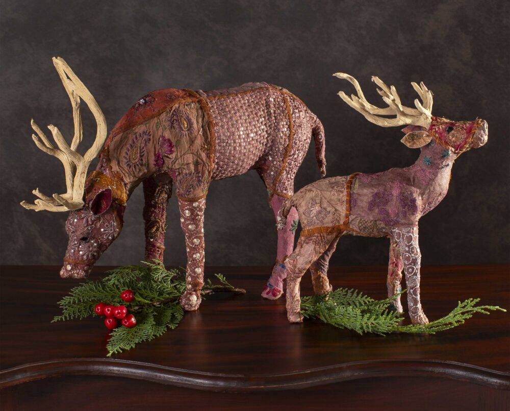Gorgeous, hand-embroidered, holiday reindeer in shades of burgundy, rose, mauve, green and blue, delivered, holiday, Christmas.