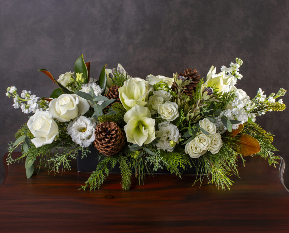 A long and low, holiday flower arrangement in shades of white, green and brown with amaryllis, roses, magnolia, evergreens and pinecones, delivered, holiday, Christmas.