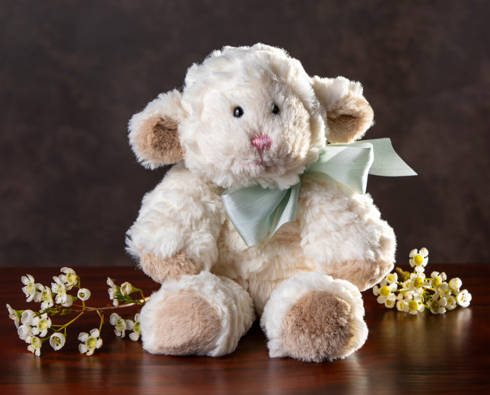 Soft, plush, stuffed animal, lamb, new baby, gift, silk ribbon, delivered