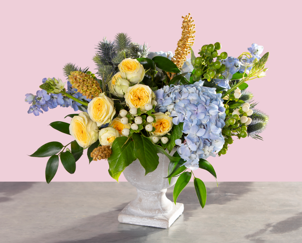 Ada is a fresh blue and yellow spring flower arrangement in a concrete compote vase.